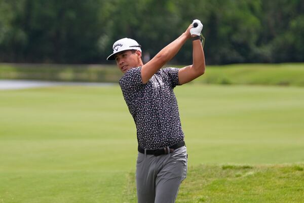 Isaiah Salinda hits on the 18th fairway during the first round of the PGA Zurich Classic golf tournament at TPC Louisiana in Avondale, La., Thursday, April 24, 2025. (AP Photo/Gerald Herbert)