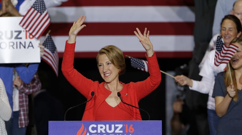 Former Hewlett-Packard CEO Carly Fiorina speaks during during a rally for Republican presidential candidate Sen. Ted Cruz, R-Texas, in Indianapolis, Wednesday, April 27, 2016, where Cruz announced that he has tapped Fiorina as his running mate. (AP Photo/Michael Conroy)