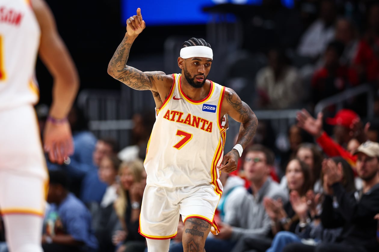 Atlanta Hawks guard Nickeil Alexander-Walker got a key defensive stop down the stretch to secure a 113-110 win over the Hornets on Sunday night. (Colin Hubbard/AP)