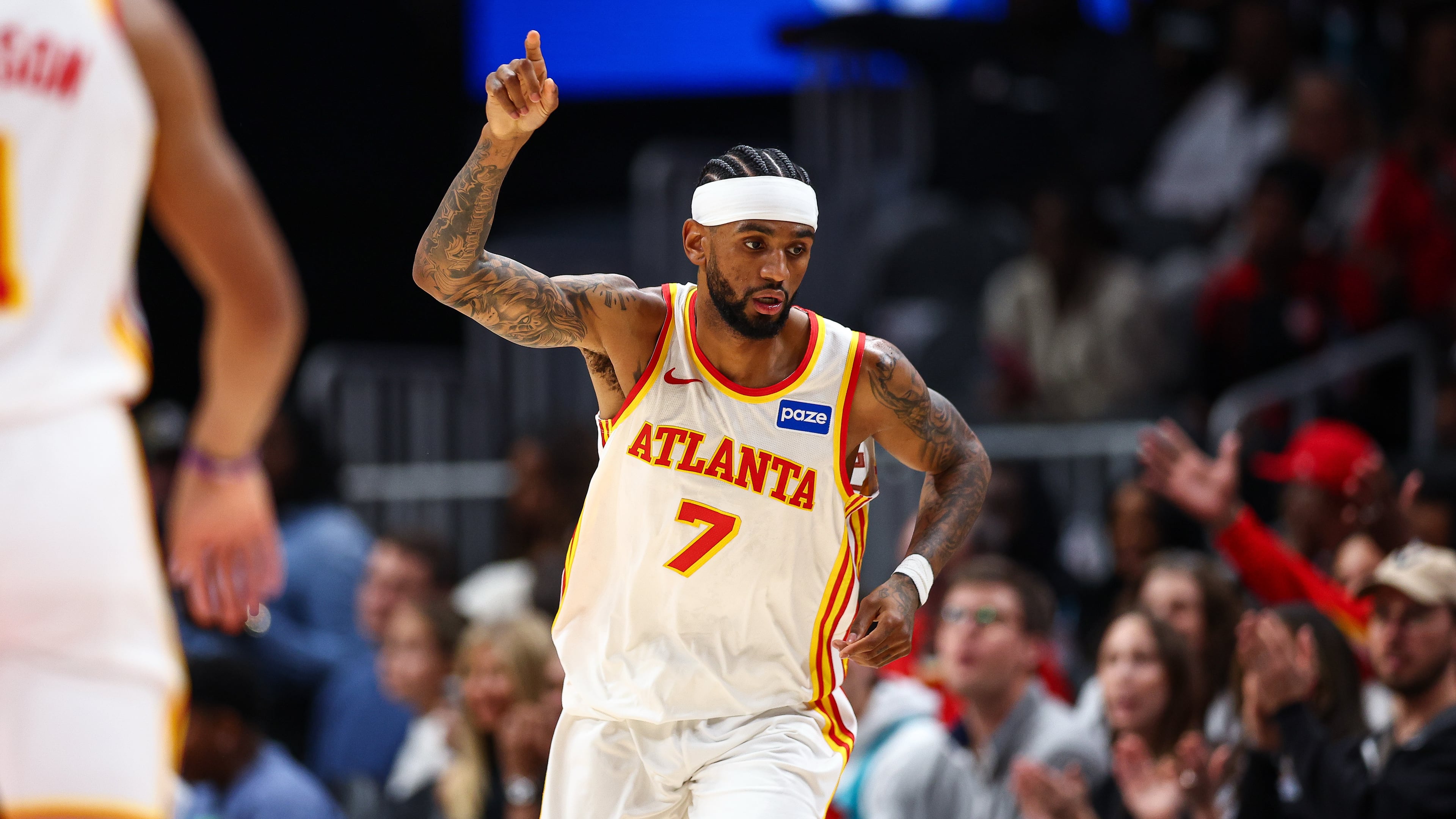 Atlanta Hawks guard Nickeil Alexander-Walker got a key defensive stop down the stretch to secure a 113-110 win over the Hornets on Sunday night. (Colin Hubbard/AP)