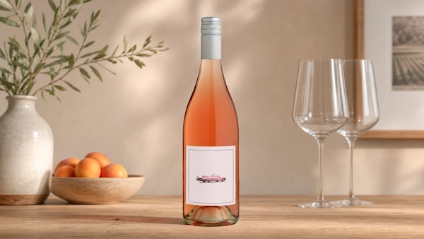 A bottle of rose wine is placed on a wooden table with two glasses, a bowl of oranges, and a vase containing greenery. There is a framed photo in the background.