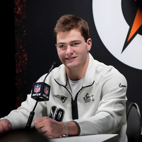 New England Patriots quarterback Drake Maye laughs during the NFL Super Bowl Opening Night, Monday, Feb. 2, 2026, in San Jose, Calif. ahead of the Super Bowl 60 football game between the New England Patriots and the Seattle Seahawks. (AP Photo/Brynn Anderson)