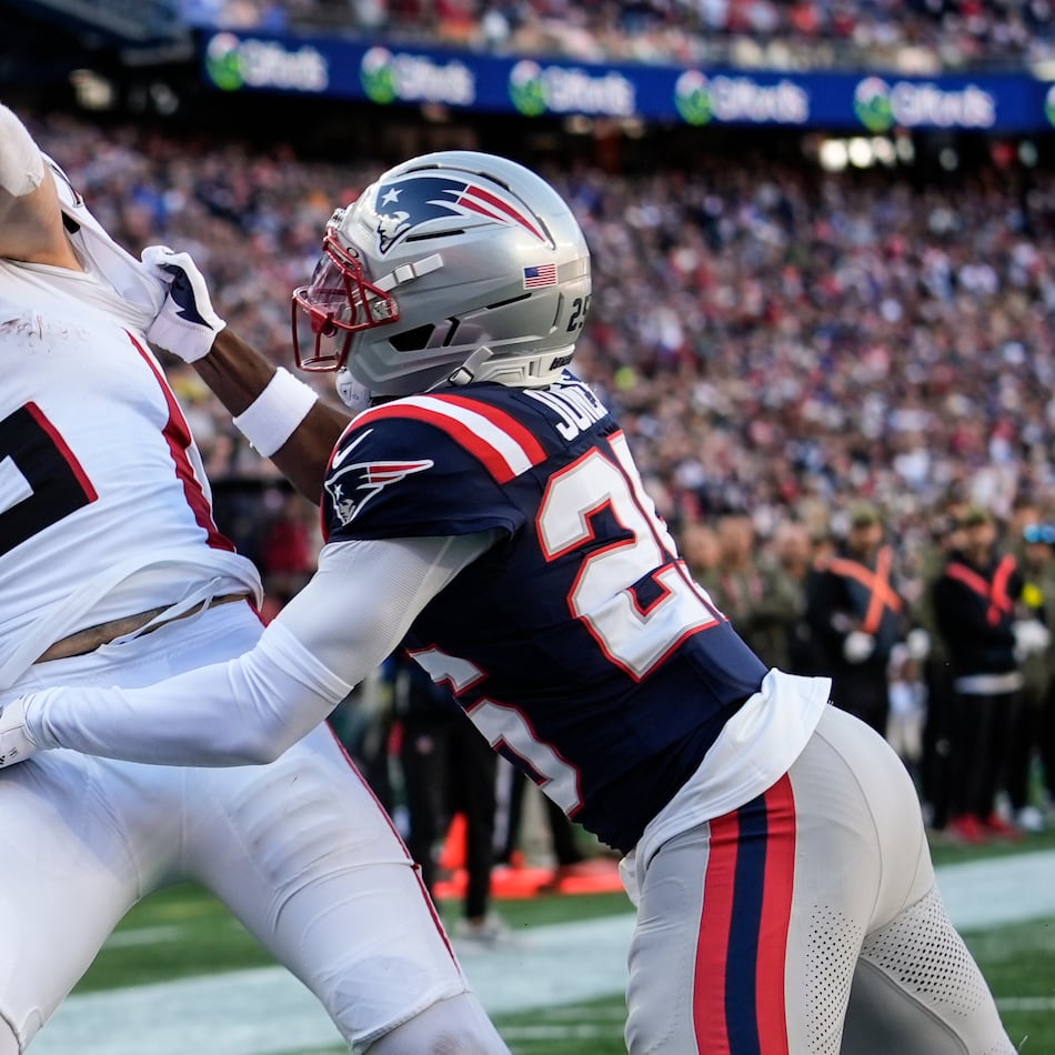 Falcons wide receiver Drake London (left) makes a touchdown catch against Patriots cornerback Marcus Jones on Sunday, Nov. 2, 2025, in Foxborough, Mass. London had his third 100-yard game of the season versus the Patriots. (Robert F. Bukaty/AP)