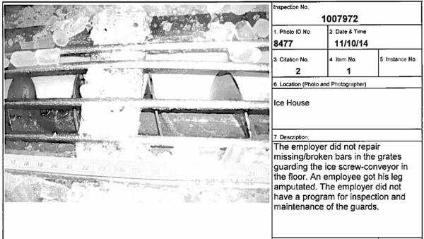 In 2014, a worker was getting ice at the Fieldale plant's ice storage room when his foot fell through the faulty grate and onto the screw-shaped blades, severing his leg below the knee. An OSHA inspector later called the state of the grates "a deadly trap."
