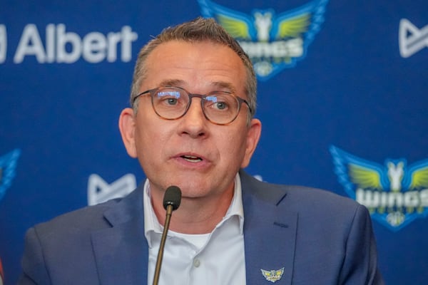 Dallas Wings executive vice president and general manager Curt Miller speaks during an introductory press conference for the team's WNBA draft selections Wednesday, April 23, 2025, in Dallas. (AP Photo/Julio Cortez)