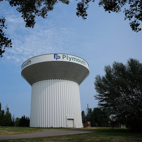 A water tower is seen Thursday, July 30, 2026, in Plymouth, Minn. A cyberattack targeted the operating technology at over 30 water systems in Minnesota, including Plymouth's, earlier this week, state officials said. (AP Photo/Ellen Schmidt)