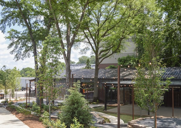 The exterior of a single-story building is nestled among trees of varying heights. Italian cafe lights are strung among the trees to give a tastefully festive look.