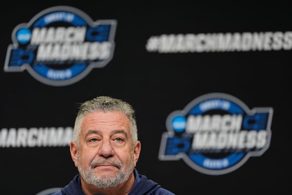 Auburn head coach Bruce Pearl responds to questions during a news conference, Thursday, March 27, 2025, in Atlanta, ahead of the Sweet 16 in the NCAA college basketball tournament. (AP Photo/George Walker IV)