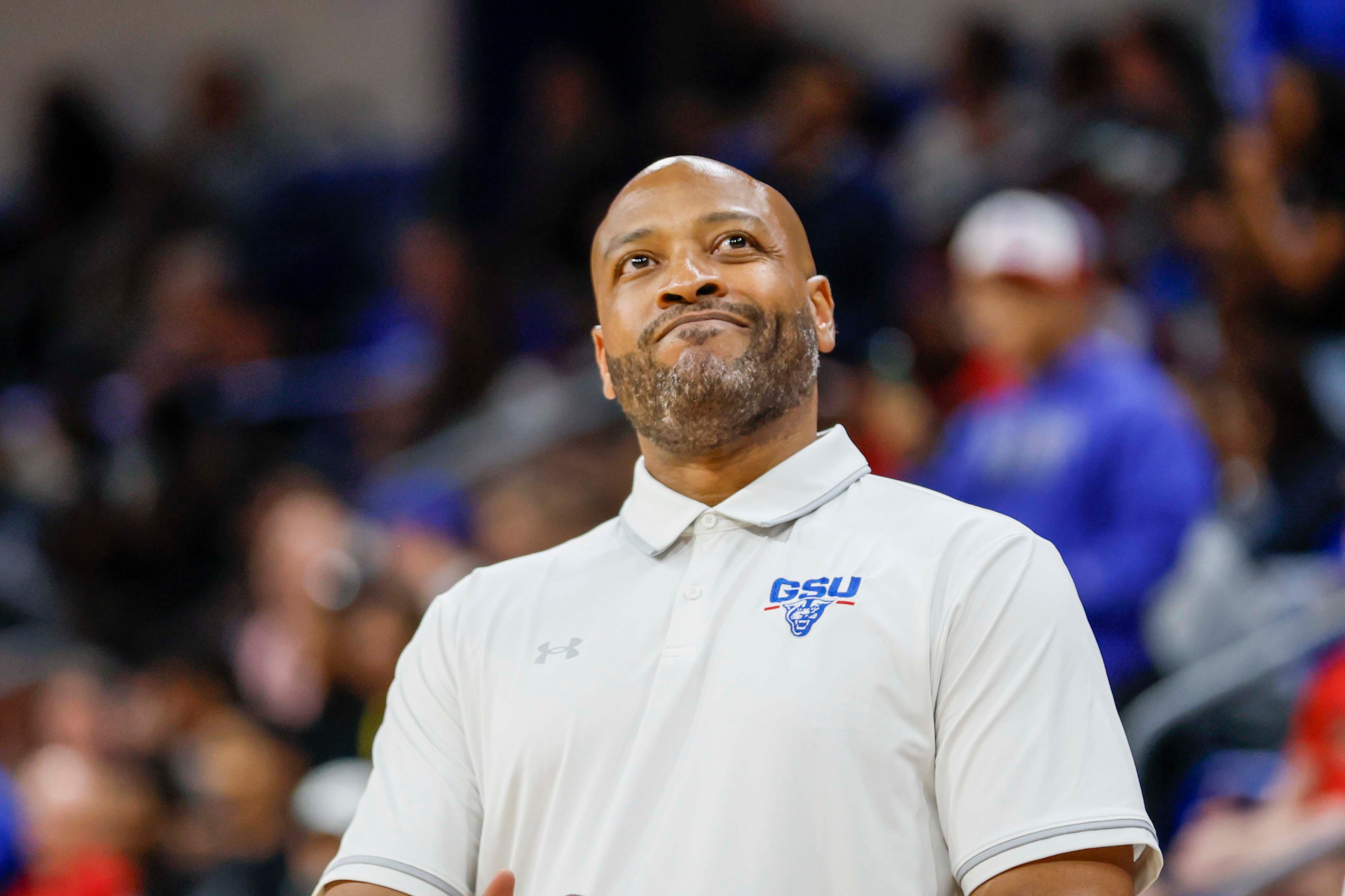 Georgia State Panthers head coach Jonas Hayes reacts after his team missed a three-pointer during the second half of an exhibition opener game against the Georgia Bulldogs at the Georgia State Convocation Center, Wednesday, October 15, 2025, in Atlanta.
(Miguel Martinez/ AJC)