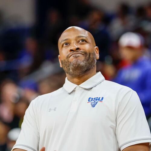Georgia State Panthers head coach Jonas Hayes reacts after his team missed a three-pointer during the second half of an exhibition opener game against the Georgia Bulldogs at the Georgia State Convocation Center, Wednesday, October 15, 2025, in Atlanta.
(Miguel Martinez/ AJC)
