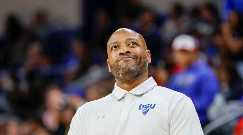 Georgia State Panthers head coach Jonas Hayes reacts after his team missed a three-pointer during the second half of an exhibition opener game against the Georgia Bulldogs at the Georgia State Convocation Center, Wednesday, October 15, 2025, in Atlanta.
(Miguel Martinez/ AJC)