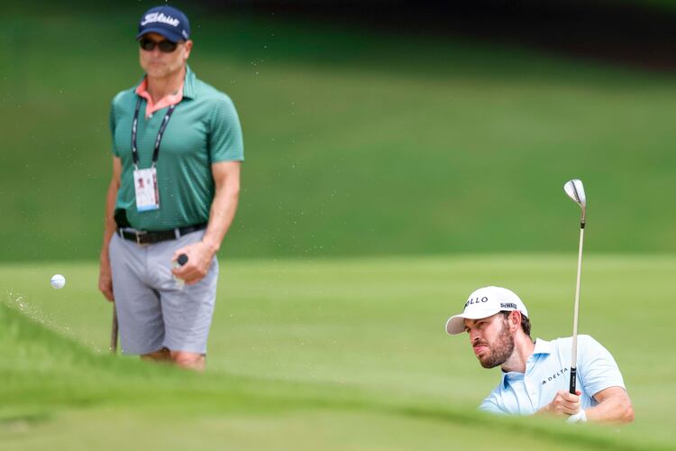 Patrick Cantlay chips the ball on the 16th hole during the practice round of the PGA Tour Championship on Wednesday, Aug. 20, 2025, at East Lake Golf Club in Atlanta. (Miguel Martinez/AJC)