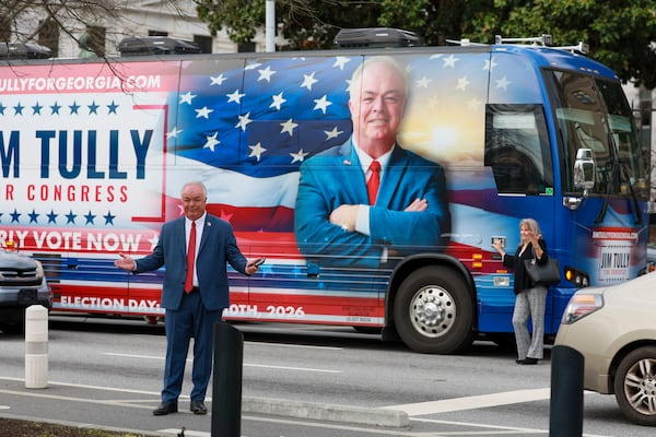 Republican Jim Tully, who is running for Congress, stood outside of the Capitol in Atlanta on Monday, March 2, 2026. (Jason Getz/AJC)