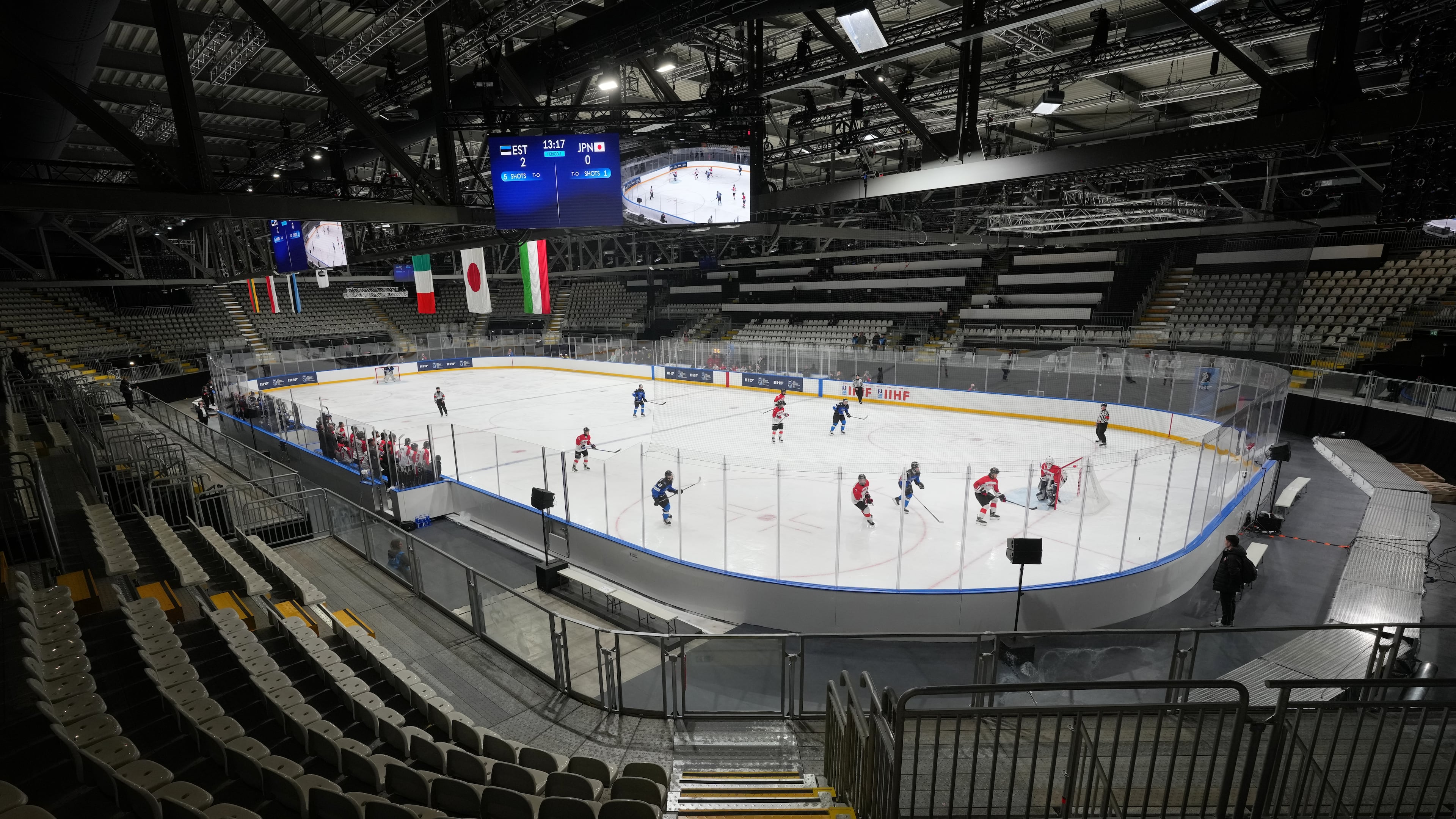 A view of the Ice Hockey Arena during the U20 Ice Hockey World Championship between Estonia and Japan as a test event for the 2026 Milan Cortina Winter Olympics, in Rho, near Milan, Italy, Monday, Dec. 8, 2025. (AP Photo/Antonio Calanni)