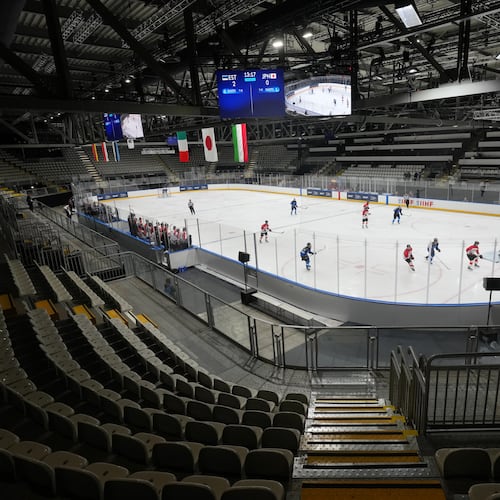 A view of the Ice Hockey Arena during the U20 Ice Hockey World Championship between Estonia and Japan as a test event for the 2026 Milan Cortina Winter Olympics, in Rho, near Milan, Italy, Monday, Dec. 8, 2025. (AP Photo/Antonio Calanni)