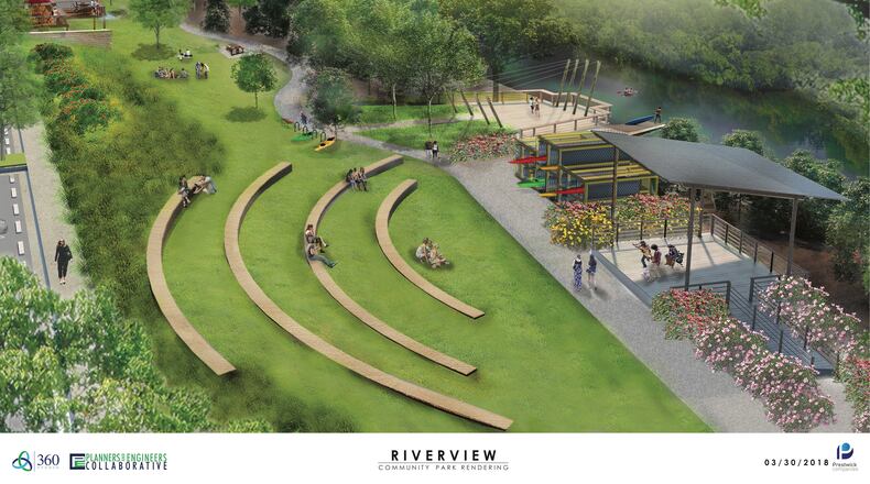 A rendering of the outdoor community theater seating area at The Eddy at River Landing, which is set to open in South Cobb in the summer.