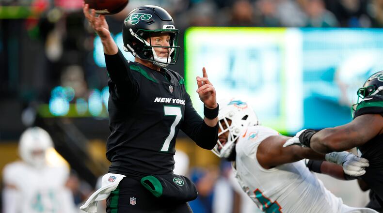 New York Jets quarterback Tim Boyle (7) throws a pass against the Miami Dolphins during the second quarter at MetLife Stadium on Nov. 24, 2023, in East Rutherford, New Jersey. (Rich Schultz/Getty Images/TNS)