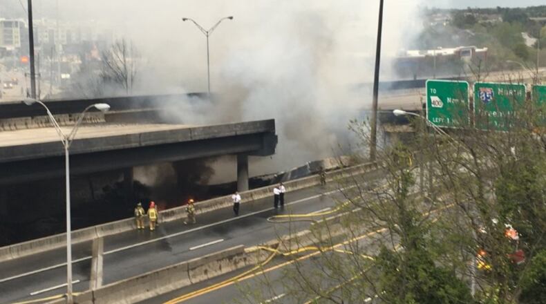A large fire has caused an overpass on Interstate 85 in Atlanta to collapse. The massive blaze burned underneath a section of I-85 NB near Piedmont Road and shut down several roads in northeast Atlanta.