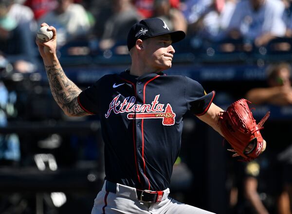 Atlanta Braves pitcher AJ Smith-Shawver throws during the first inning of a baseball game against the Tampa Bay Rays, Saturday, April 12, 2025, in Tampa, Fla. (AP Photo/Jason Behnken)