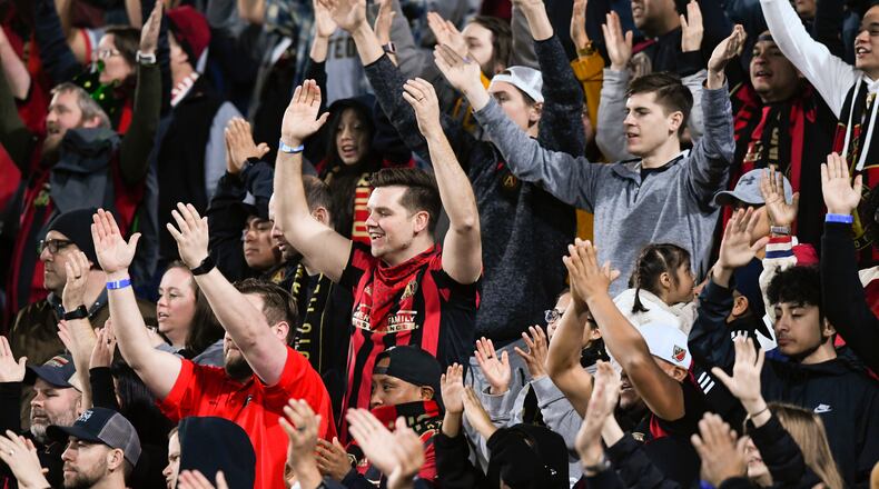 Atlanta United fans watch a soccer match against Motagua FC in the Scotiabank Concacaf Champions League, Tuesday, Feb. 25, 2020, in Kennesaw, Ga.