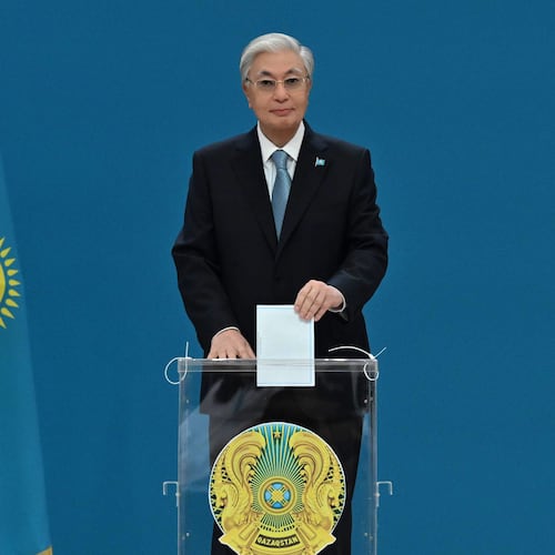 In this photo released by Kazakhstan's President Press Office, Kazakhstan's President Kassym-Jomart Tokayev casts his ballot at a polling station in Astana, Kazakhstan, Sunday, Aug. 23, 2026.(Kazakhstan's President Press Office via AP)