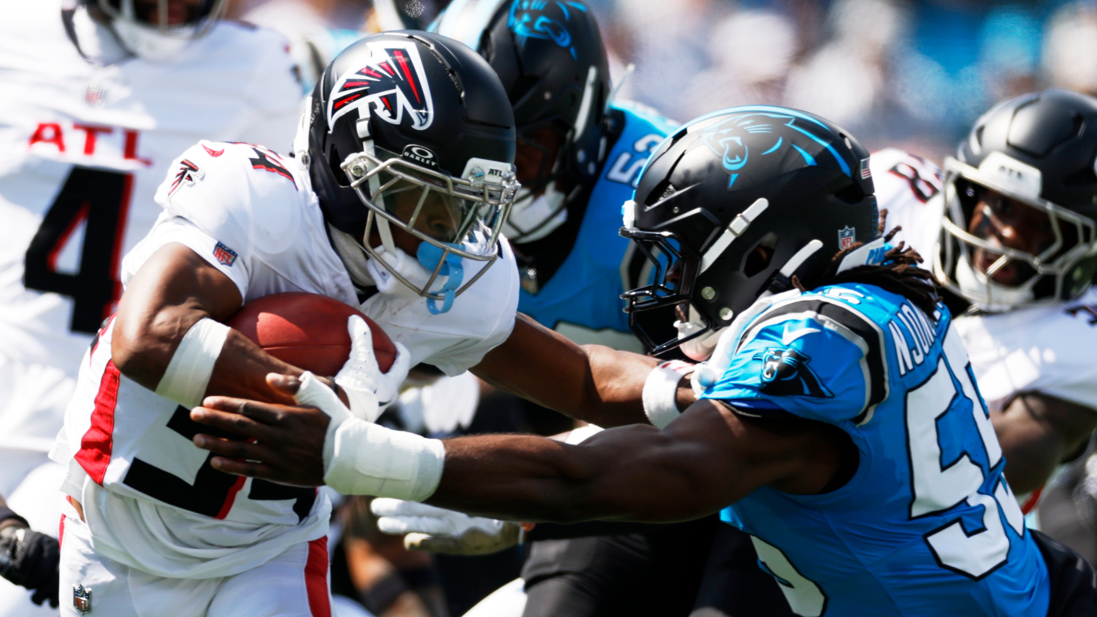 Atlanta Falcons wide receiver Ray-Ray McCloud is tackled by Carolina Panthers defensive tackle Cam Jackson during the first half of an NFL football game, Sunday, Sept. 21, 2025, in Charlotte, N.C. (AP Photo/Rusty Jones)