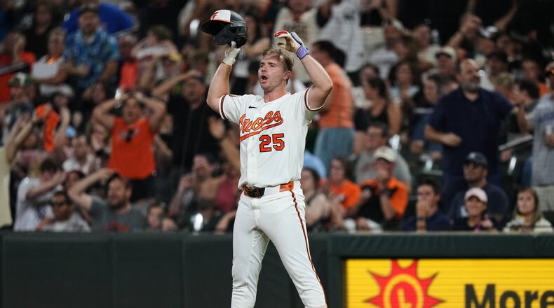 Baltimore Orioles' Pete Alonso (25) reacts after hitting a foul ball during the seventh inning of a baseball game against the New York Yankees, Wednesday, Aug. 19, 2026, in Baltimore. (AP Photo/Stephanie Scarbrough)