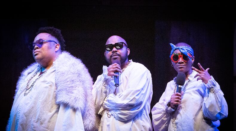 Trevor Perry (from left), O’Neil Delapenha and Ebony Jerry perform the Othello rap during Atlanta Shakespeare Company's locally flavored "The Complete Works of William Shakespeare (Abridged)."