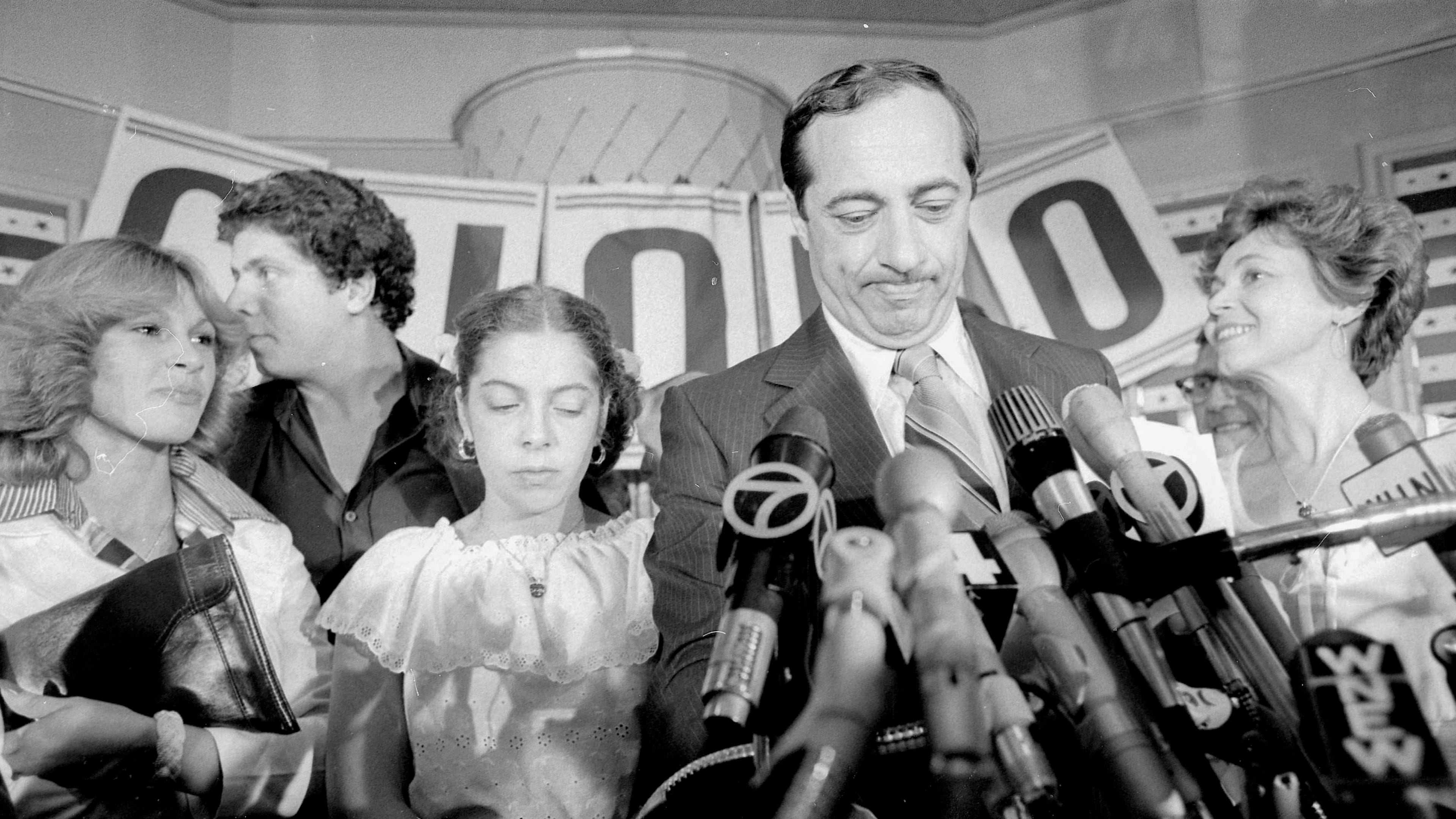 FILE - Joined by his wife, Matilda, right, son Andrew, second from left, and daughter Madeline, third from left, Mario Cuomo faces reporters at his campaign headquarters in New York City, Monday, Sept. 20, 1977, as he concedes that he has lost the Democratic primary runoff for New York City mayor to Ed Koch. (AP Photo, File)