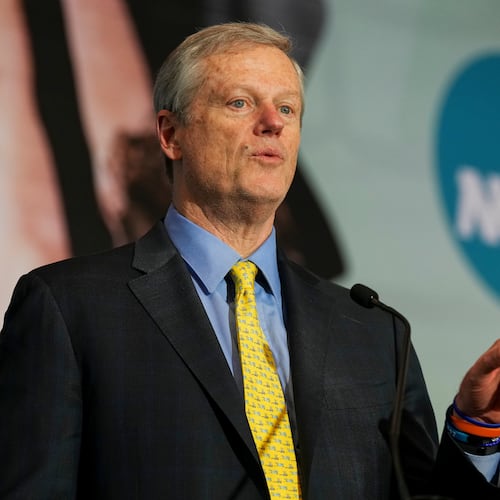 FILE - NCAA President Charlie Baker speaks during the Division I Business Session at the annual NCAA convention, Jan. 15, 2025, in Nashville, Tenn. (AP Photo/George Walker IV, File)