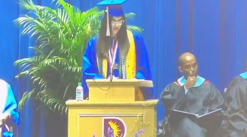 Emmett J. Conrad High School senior Rooha Haghar posted a video on Twitter that appeared to show her principal signaling her microphone to be silenced after she began talking about victims of injustice, including Trayvon Martin and Tamir Rice.