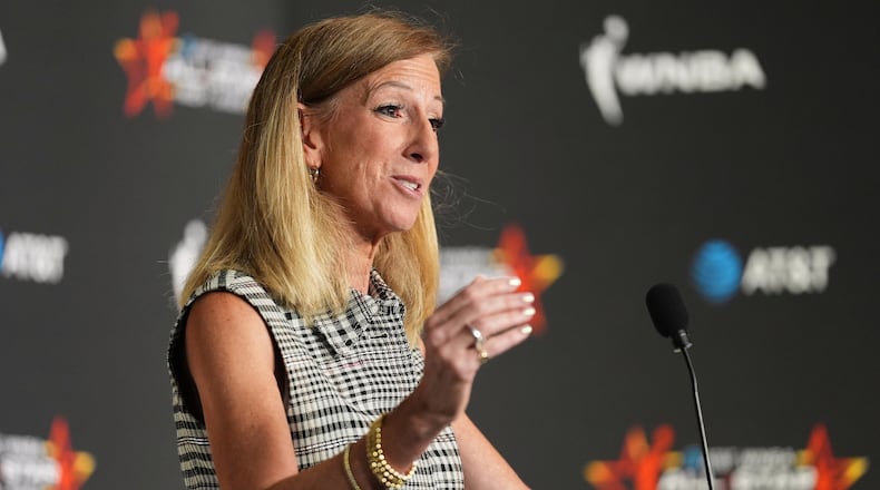 FILE - WNBA Commissioner Cathy Engelbert speaks during a news conference before the WNBA All-Star basketball game, July 19, 2025, in Indianapolis. (AP Photo/Michael Conroy, File)