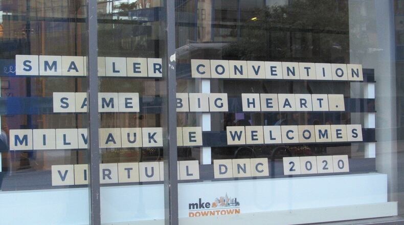 The sign outside the offices of Milwaukee Downtown, a local business group that had expected a windfall from this week's Democratic National Convention.
