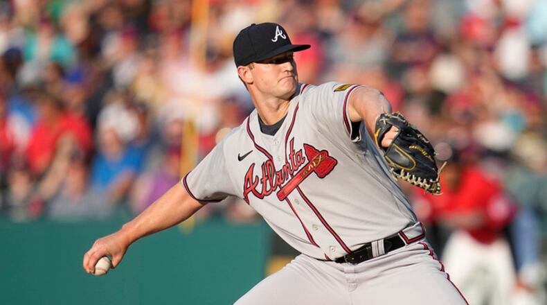 Atlanta Braves' Michael Soroka pitches to a Cleveland Guardians batter during the first inning of a baseball game Wednesday, July 5, 2023, in Cleveland. (AP Photo/Sue Ogrocki)