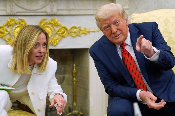 President Donald Trump meets with Italy's Prime Minister Giorgia Meloni in the Oval Office of the White House, Thursday, April 17, 2025, in Washington. (AP Photo/Alex Brandon)