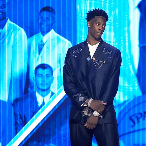 Draft prospect AJ Dybantsa is introduced at the NBA basketball draft, Tuesday, June 23, 2026, in New York. (AP Photo/Yuki Iwamura)