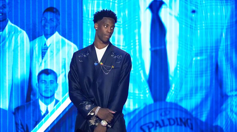 Draft prospect AJ Dybantsa is introduced at the NBA basketball draft, Tuesday, June 23, 2026, in New York. (AP Photo/Yuki Iwamura)