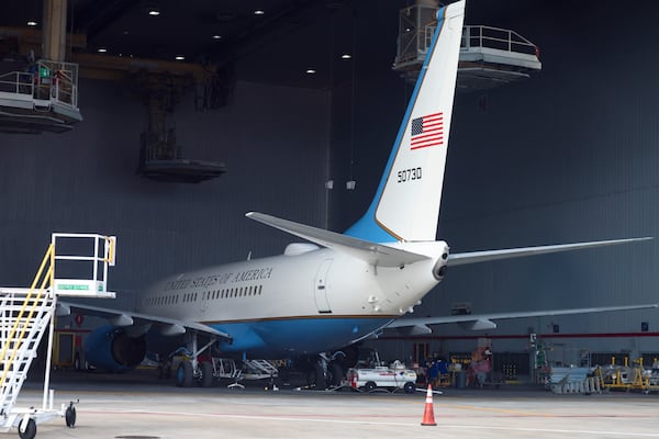 A U.S. government plane is shown at Delta TechOps receiving maintenance services, Thursday, Jan. 8, 2026, in Atlanta. (Jason Getz/AJC)