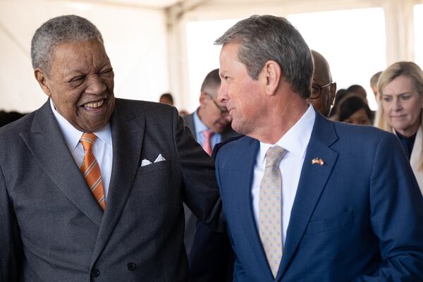 Fulton County Commission Chair Robb Pitts (left) recently shared a laugh with Gov. Brian Kemp during a groundbreaking ceremony for a new free-standing Grady emergency room in Union City.