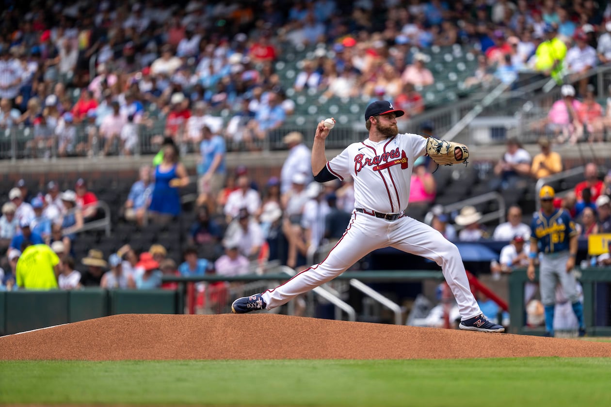 Atlanta Braves pitcher Bryce Elder throws the first pitch of a baseball game against the Milwaukee Brewers, Sunday, June 21, 2026, in Atlanta. (AP Photo/Erik Rank)