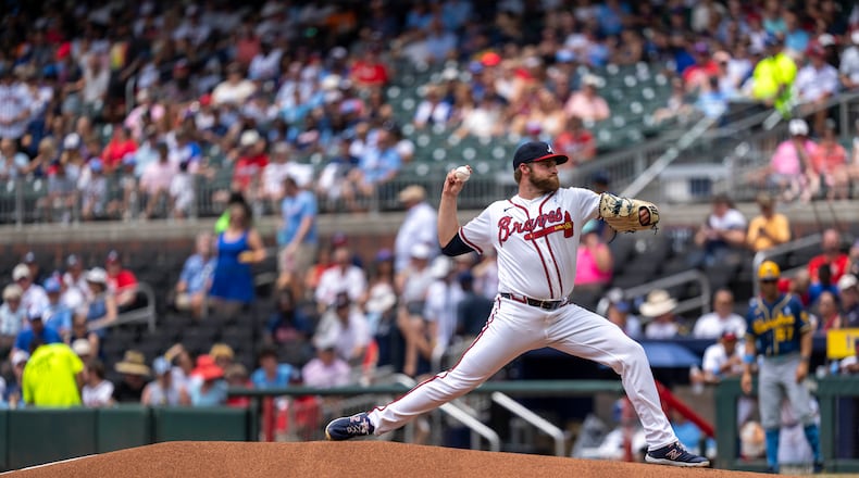 Atlanta Braves pitcher Bryce Elder throws the first pitch of a baseball game against the Milwaukee Brewers, Sunday, June 21, 2026, in Atlanta. (AP Photo/Erik Rank)