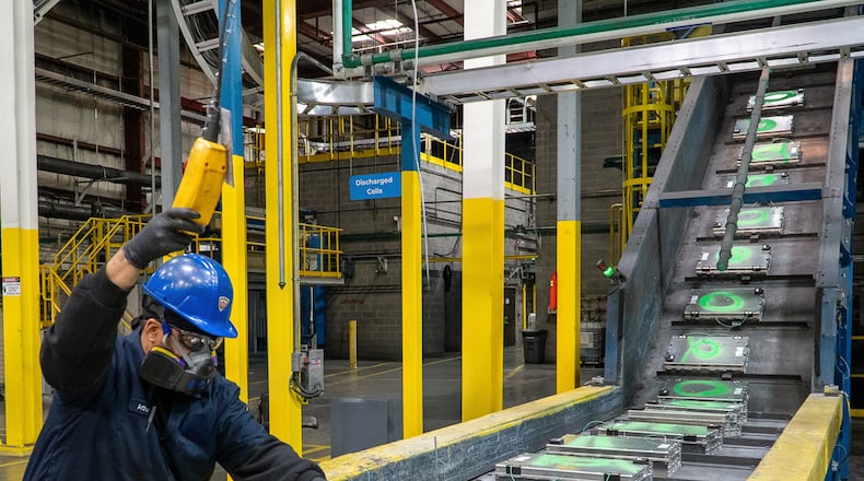 A worker is shown in the R3 Lithium factory in Covington, Ga. in November 2025. The company is ramping up to produce lithium carbonate from used lithium ion batteries and manufacturing scrap.