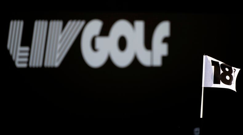 FILE - A general view of the 18th hole flag pole during the first round of LIV Golf Jeddah at the Royal Greens Golf & Country Club, Friday, March 1, 2024 in King Abdullah Economic City, Saudi Arabia. (Matthew Harris/LIV Golf via AP, File)