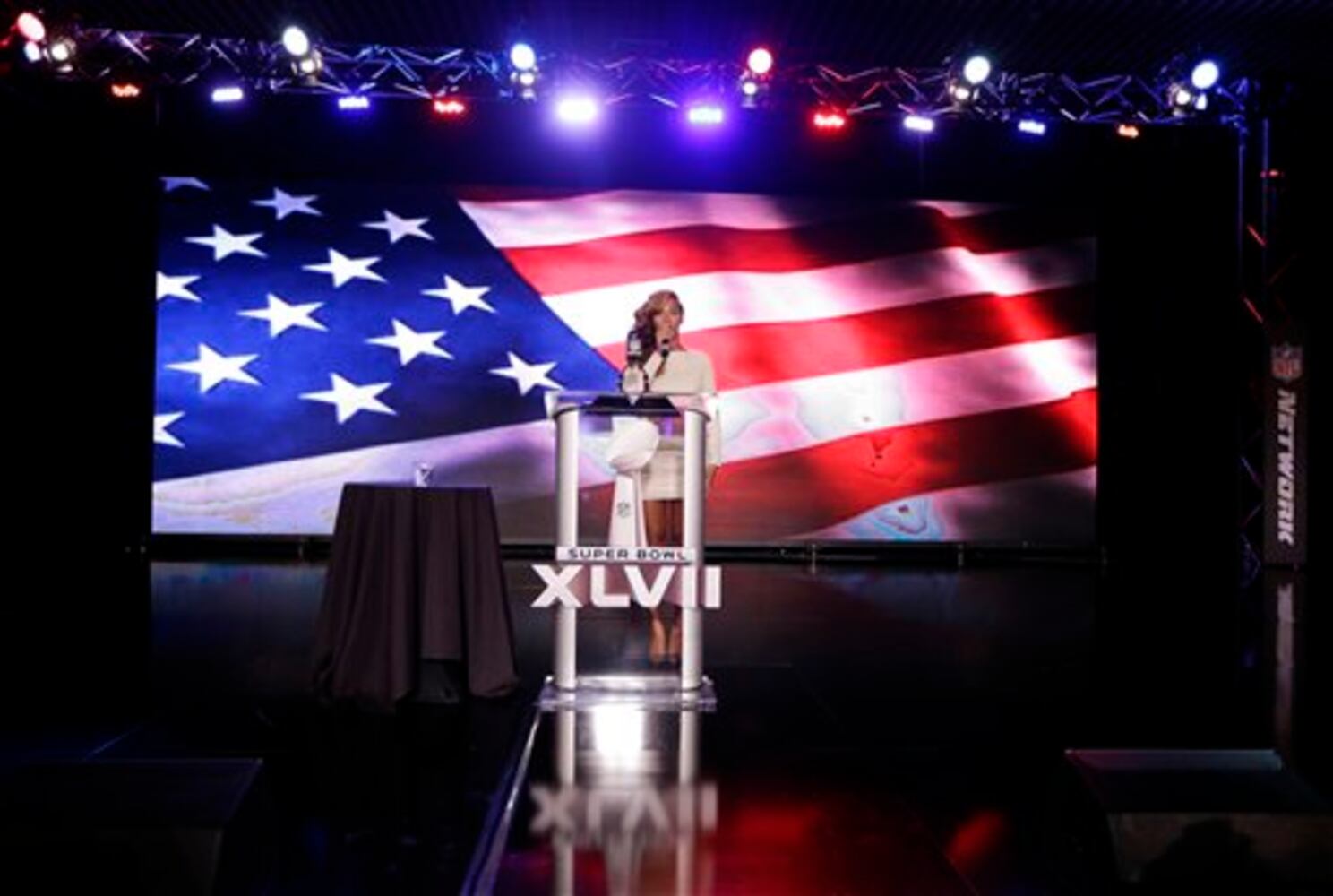 Beyonce at pre-Super Bowl news conference