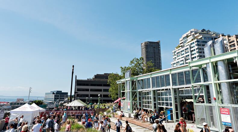 A view of Pike Place Market’s new Producers Hall and Plaza, both part of Seattle’s recently-completed MarketFront project. (Barbara Hull/Pike Place Market)