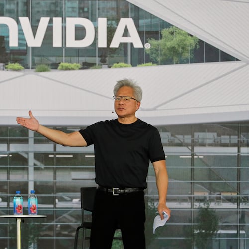 Nvidia CEO Jensen Huang delivers a speech during an all employee celebration at the construction site of their Taiwan headquarters "Constellation"¨ in Taipei, Taiwan, Wednesday, May 27, 2026. (AP Photo/Chiang Ying-ying)