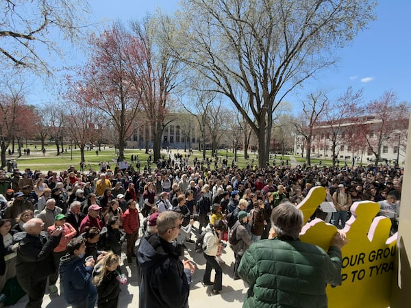 Students, faculty and members of the Harvard University community rally, Thursday, April 17, 2025, in Cambridge, Mass. (AP Photo)