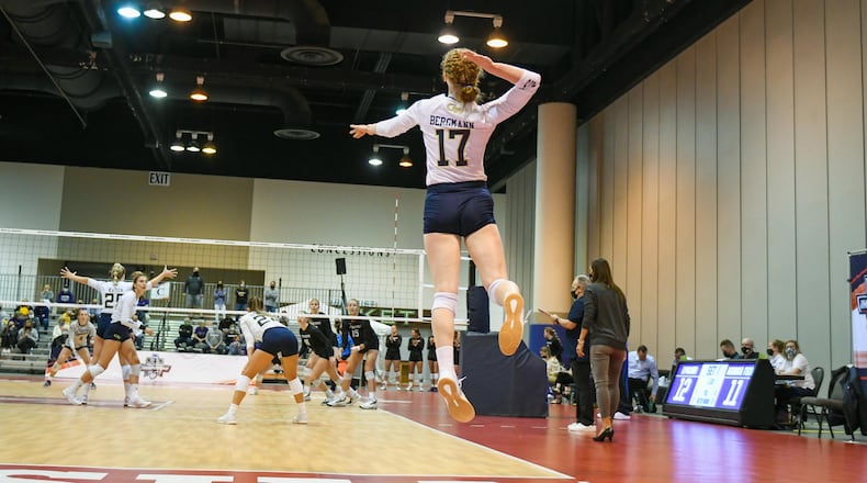 Georgia Tech outside hitter Julia Bergmann serves in the Yellow Jackets' NCAA Tournament win over Lipscomb April 14, 2021 in Omaha, Neb. (Anthony McClellan/Georgia Tech Athletics)