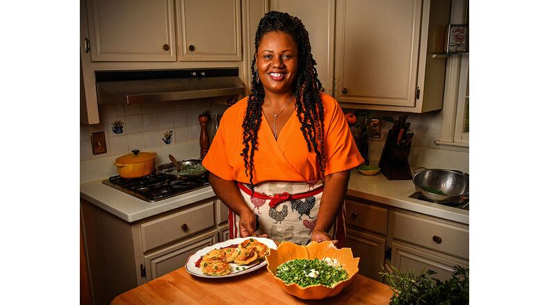 Chef Jennifer Hill Booker is shown in her Lilburn home with her Green Onion Hoecakes (left) and Sweet Peas with Tarragon and Creme Fraiche. Food styling by chef Jennifer Hill Booker / Chris Hunt for the AJC