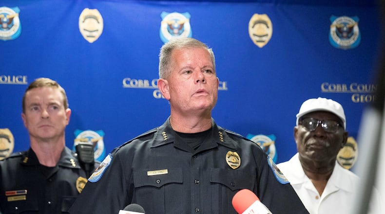 Cobb County Police Chief Tim Cox speaks during a presser at the Cobb County Police Headquarters ins Marietta, Tuesday, July 2, 2019. The presser took place after a former Cobb County police officer, Andres Alcaraz, was charged with sexually assaulting a woman while on the clock. (Alyssa Pointer/alyssa.pointer@ajc.com)